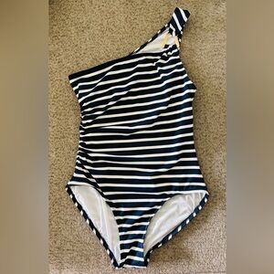 Michael Kors White and Navy Blue One Piece Swimsuit with Gold Brand Hardware